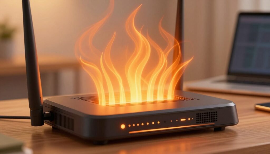 A close-up, detailed illustration of a modern wireless router, emitting heat waves to signify overheating. In the foreground, focus on the router with lit indicator lights and slightly glowing vents, showcasing a sense of urgency. In the middle ground, depict visual signs of heat, with soft, wavy thermal patterns rising from the router, blending into the surrounding air. The background should be a softly blurred home office setting, with a desk and a laptop, hinting at a typical usage environment. Use warm tones of orange and yellow to enhance the feeling of heat and discomfort, with gentle lighting that casts a slight shadow on the router, creating a dramatic effect. The atmosphere is tense, conveying the seriousness of router performance issues without any text or distractions.