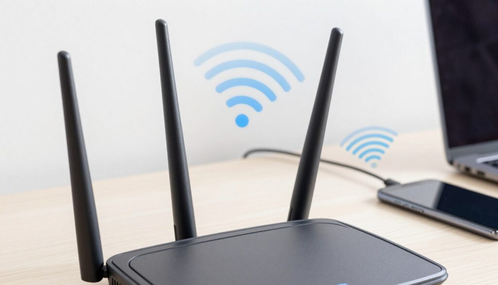 A close-up image of a high-tech Wi-Fi router with multiple antennas, each adjustable in different directions to showcase their impact on signal coverage. The foreground features the router with a sleek, modern design, emphasizing the antennas extending outward. In the middle ground, visualize a simple room setup with a laptop and a smartphone connected to the router, indicating wireless signals. The background should show subtle visual indications of Wi-Fi signal waves radiating outward in concentric circles, demonstrating varying coverage areas. Use bright, natural lighting to create a clean, tech-savvy atmosphere, with a slight depth of field focus on the antennas, capturing their importance in optimizing Wi-Fi signal strength.