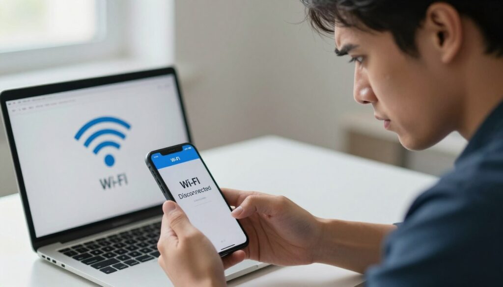 A close-up of a frustrated user sitting at a modern desk, holding an iPhone displaying a "Wi-Fi Disconnected" message. The user, dressed in smart casual attire, has a furrowed brow, looking intently at the phone with a slight frown. In the background, a sleek laptop is open, showing Wi-Fi signal bars struggling to connect, with visible weak signal indicators. Soft, natural lighting from a window casts a gentle glow on the scene, highlighting the user’s expression of concern. The atmosphere conveys a sense of mild frustration and confusion, effectively illustrating the issues surrounding Wi-Fi disconnections. The focus is sharp on the user and the phone, while the background remains slightly blurred.
