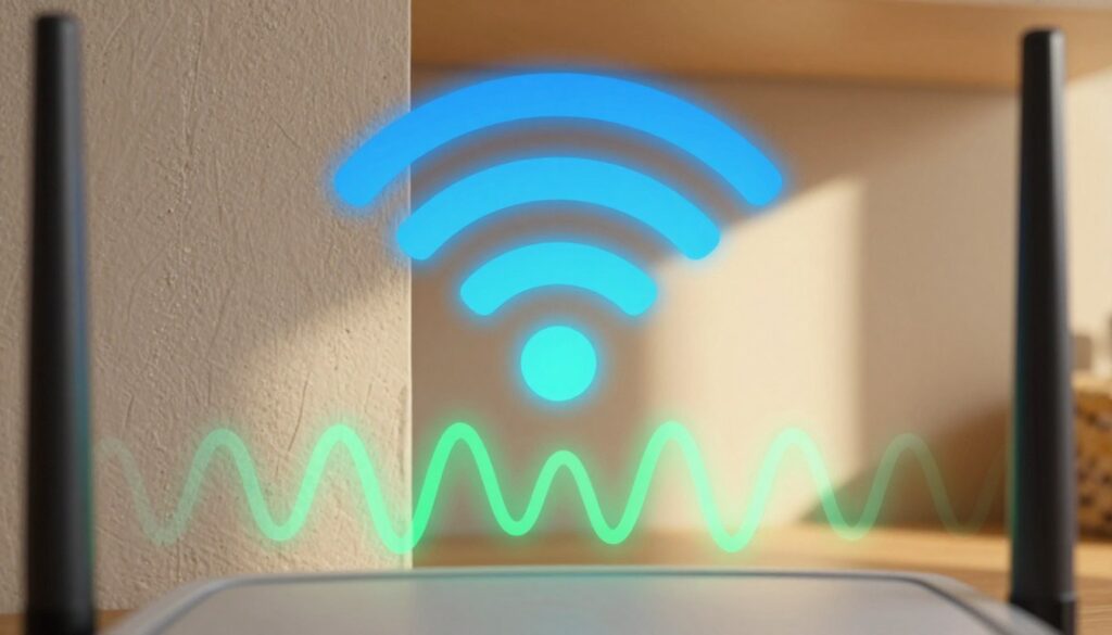 A close-up view of a Wi-Fi signal icon, depicted as glowing waves emanating from a router, representing the concept of signal strength. In the foreground, delicate lines and waves shimmer in a gradient of vibrant blue and green, showcasing diminishing intensity. The middle ground features textured walls that evoke a sense of separation, illustrated with soft light to accentuate their thickness. In the background, a soft-focus floor and ceiling create a cozy, home-like atmosphere. The lighting is warm and inviting, perhaps with a slight halo around the signal waves, illustrating the struggle of Wi-Fi penetration. The overall mood is informative yet engaging, emphasizing the challenges of maintaining strong connections in a typical home environment.