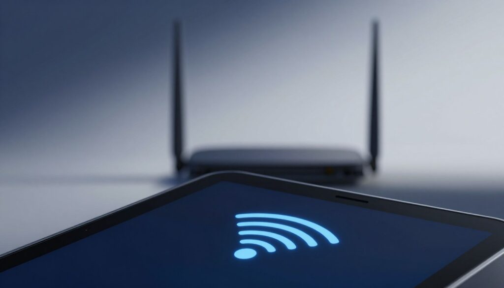 A close-up view of a Wi-Fi signal indicator on a modern device screen, set against a subtle gradient background that transitions from dark blue to light gray. In the foreground, the device's display shows a full signal icon with radiating waves, symbolizing strong connectivity. Soft, ambient lighting highlights the screen's glossy surface, creating a slight reflection. In the middle ground, a faint outline of a router can be seen, subtly blurred to indicate distance, suggesting its role in the signal's strength. The background remains unfocused, emphasizing the device and signal indicator while conveying a professional atmosphere suitable for a technical article. The overall mood is calm and informative, evoking a sense of clarity and focus on technology.