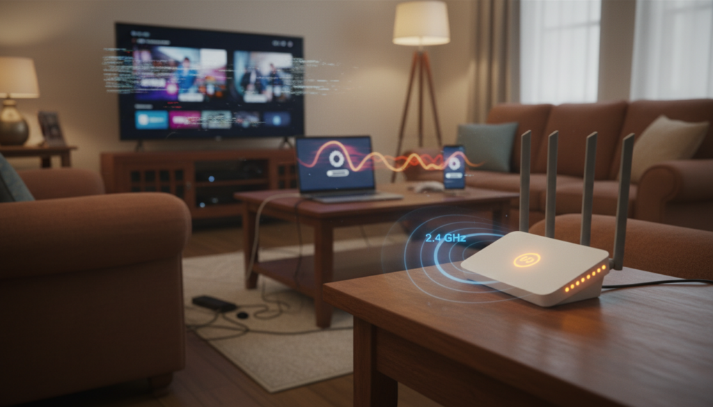 A close-up view of a modern home Wi-Fi router emitting signals in the 2.4 GHz frequency band. In the foreground, show the router with glowing LED indicators, highlighting the busy network activity. The middle layer features a cluttered living room environment, with various electronic devices like a laptop, a smartphone, and a smart TV, all connected and displaying signs of slow connections. Incorporate visual distortions or speed lines emanating from the devices to symbolize sluggish performance. In the background, soft ambient lighting creates a cozy yet frustrating atmosphere, emphasizing a sense of confusion. No people are present, ensuring the focus is entirely on the technology and environment that often contribute to slow Wi-Fi speeds in real homes.