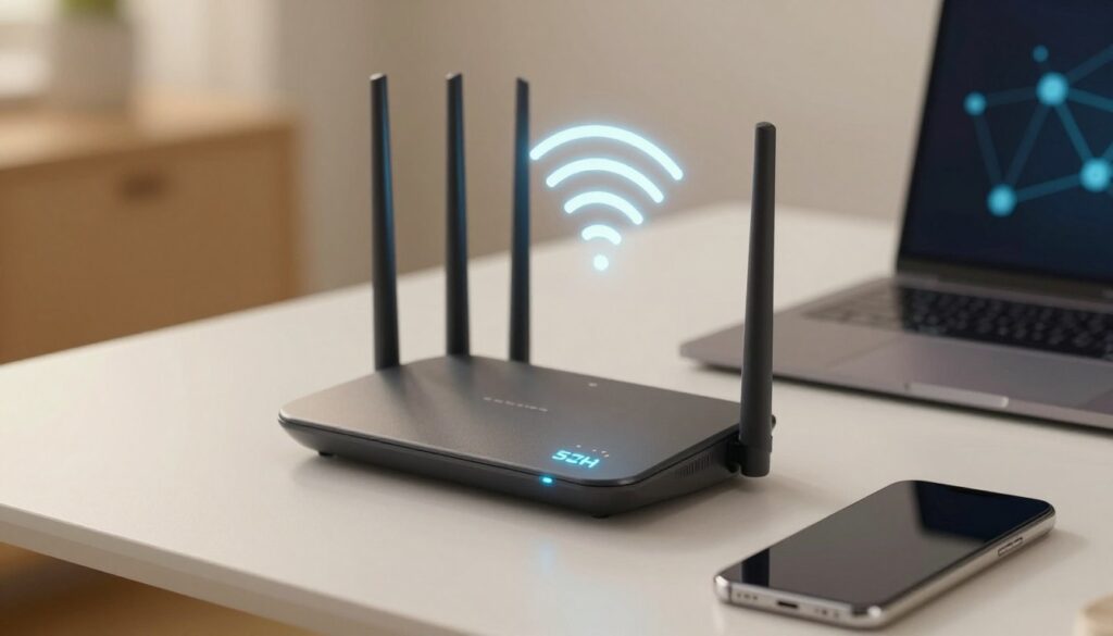 A close-up view of a modern home office, focusing on a sleek router with glowing 5GHz Wi-Fi indicator lights, situated on a clean desk surrounded by digital devices like a laptop and smartphone. In the background, a subtle representation of a network diagram with interconnected nodes, conveying the concept of wireless connectivity. The lighting is soft and warm, suggesting a cozy yet productive atmosphere. Capture the image from a slight top-down angle to emphasize the router and devices, while the background is softly blurred to draw attention to the subject. The overall mood is focused and tech-savvy, representing common troubleshooting aspects of Wi-Fi networks.