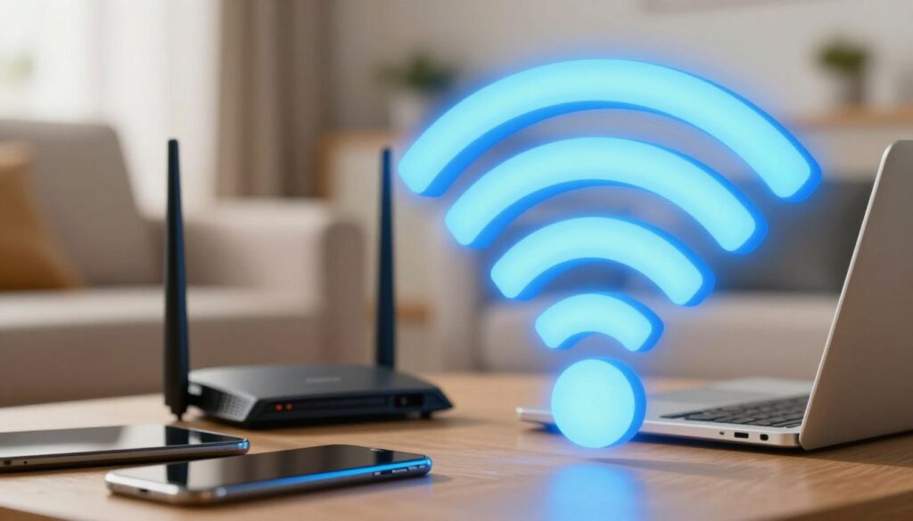 A close-up view of a vibrant, glowing Wi-Fi signal icon prominently displayed in the foreground, composed of layered arcs radiating outward. The icon is depicted in a modern, sleek style with a luminous blue color to symbolize connectivity. In the middle ground, a home setting is subtly suggested with blurred outlines of a modern gigabit router and various tech gadgets like a laptop and smartphone, emphasizing a smart home environment. The background features a softly lit living room with warm ambiance, creating a sense of comfort and connectivity. The lighting is bright and inviting, captured from a slightly elevated angle that gives depth to the image. The overall mood is one of frustration yet hope, highlighting the contrast between high-speed technology and slow wireless performance.