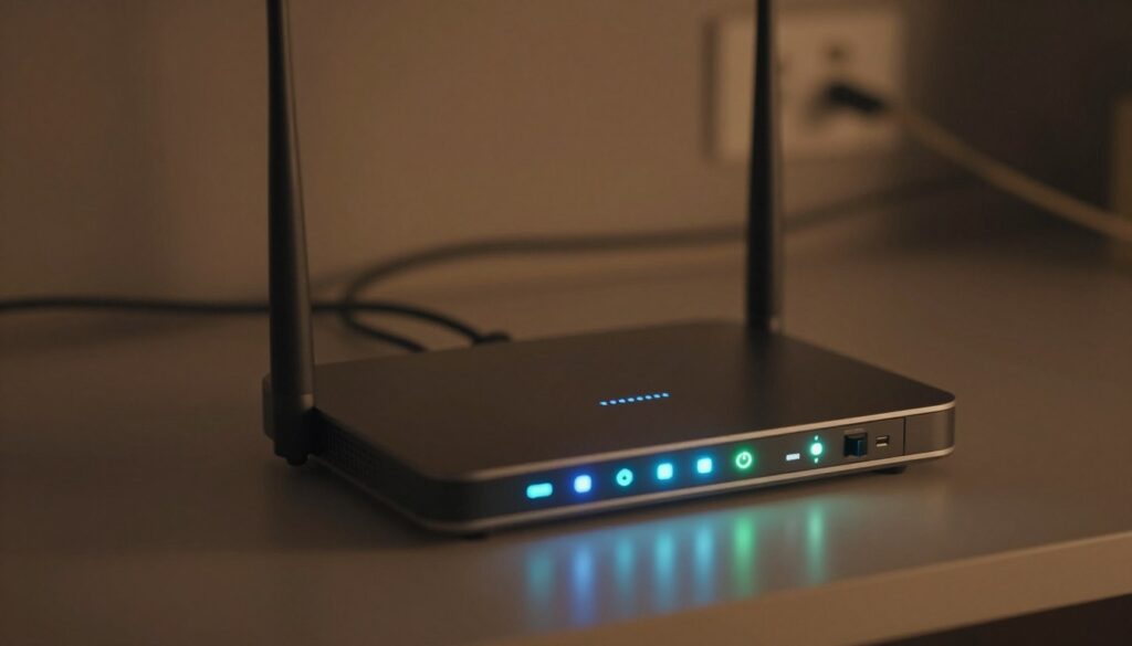 A close-up view of modem lights glowing with a soft blue and green ambiance in a dimly lit room. The foreground features a modern, sleek modem with distinct LED indicators illuminated, showcasing various statuses like power, internet connectivity, and data transmission. The middle ground includes a few scattered cables and a subtle hint of a wall outlet, while the background is softly blurred to maintain focus on the modem. The lighting is warm yet slightly moody, emphasizing the glow of the lights. The overall atmosphere feels calm and tech-savvy, conveying a sense of troubleshooting and connectivity. The angle is slightly angled from above, capturing a clear view of the lights without distractions.
