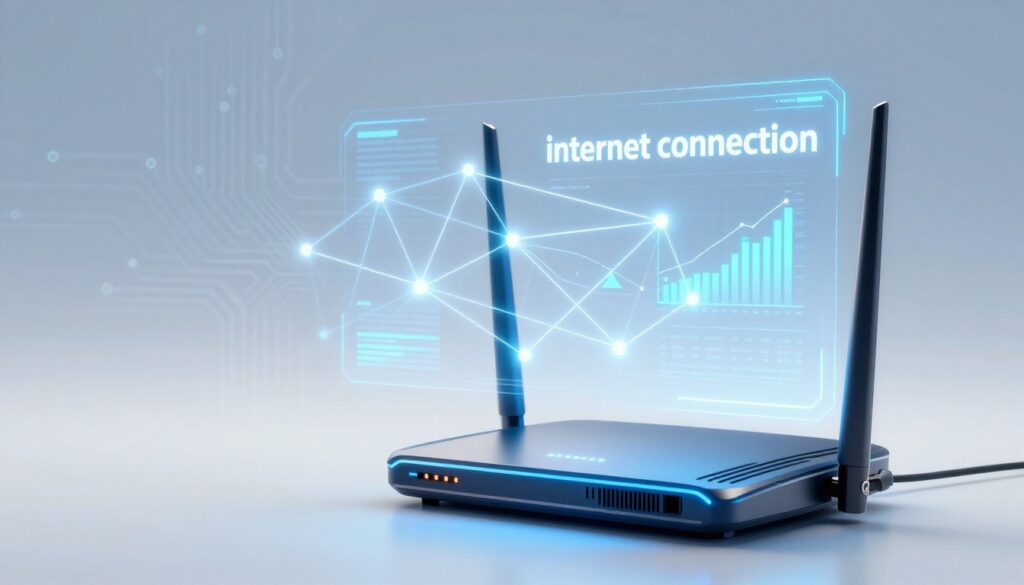 A conceptual visualization depicting "internet connection" as an abstract network of glowing lines and nodes, symbolizing data flow and connectivity. In the foreground, a sleek, high-tech router with subtle LED indicators is prominent, casting a soft blue light. The middle ground features a translucent digital interface displaying various connectivity metrics, like signal strength and speed graphs, blending seamlessly into the background. The background is a gradient of soft blue and white hues, evoking a sense of calm professionalism, with faint circuitry patterns flowing to suggest a digital landscape. The lighting is bright and crisp, highlighting the router and interface in sharp focus. The overall atmosphere is modern and tech-savvy, inviting viewers to explore and understand the complexities of internet connectivity.