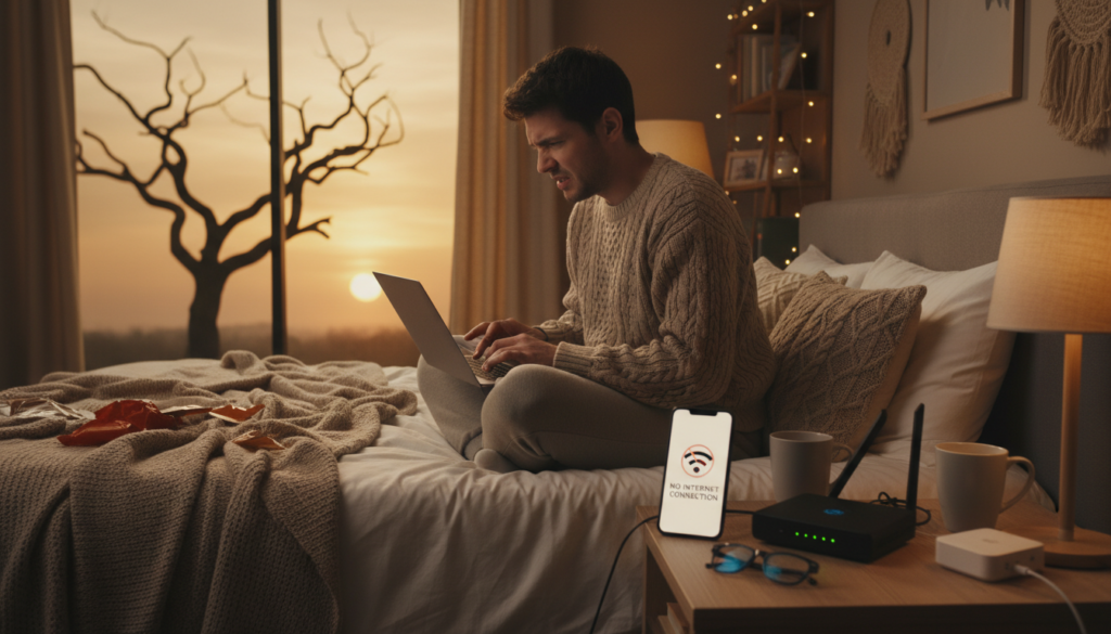 A cozy bedroom scene depicting a person using a laptop in bed, looking frustrated due to a weak Wi-Fi signal. In the foreground, the person is seated with a concerned expression, dressed in comfortable, modest clothing. In the middle, a bedside table with a smartphone displaying a low Wi-Fi signal icon, and a few scattered technical gadgets like a router and a Wi-Fi extender, suggesting attempts to improve connectivity. The background features a softly lit bedroom with warm tones, a neatly made bed, and a window showing a view of a distant tree. The lighting is soft and ambient, creating a relaxed atmosphere while emphasizing the issue of weak Wi-Fi in the setting.