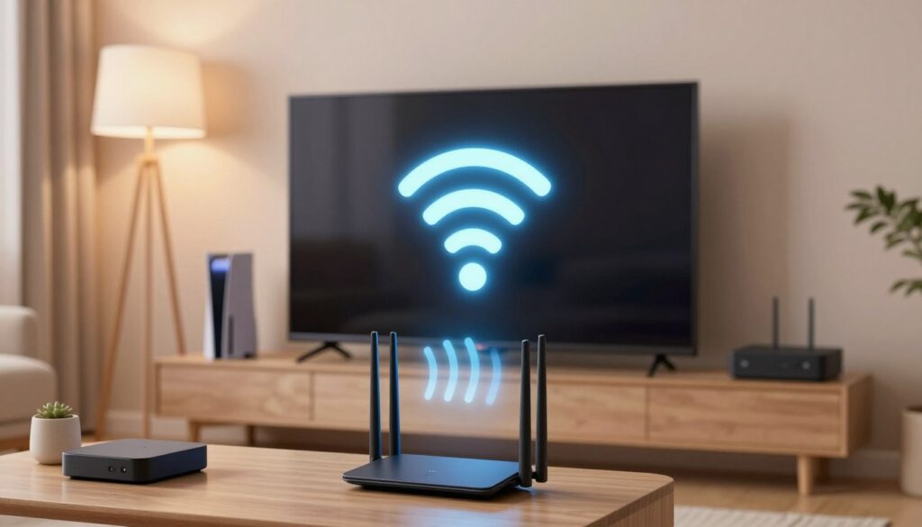 A cozy living room scene showcasing a modern television set prominently displaying a Wi-Fi signal icon. In the foreground, a sleek Wi-Fi router emits gentle waves to signify its signal strength, surrounded by minimalistic decor that emphadata-sizes technology. The middle ground exhibits the television, with a subtle emphasis on the area around it, highlighting potential interference from nearby electronic devices such as a gaming console and a streaming box. In the background, soft lighting from floor lamps creates a warm and inviting atmosphere, while the walls are adorned with pastel shades. The angle captures the interplay between the Wi-Fi signal and the TV, illustrating the concept of signal interference. The overall mood is calm and informative, designed to visualize the relationship between Wi-Fi performance and electronic devices.