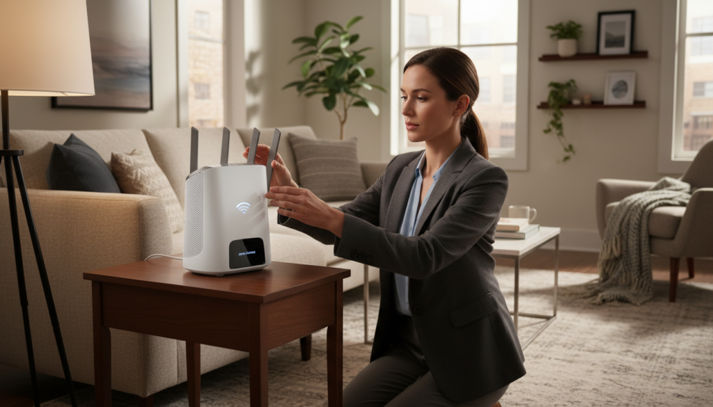 A cozy living room setting with a stylish router prominently placed on a wooden side table. In the foreground, soft lighting creates a warm atmosphere, highlighting the modern design of the router. The middle ground features a person in professional attire adjusting the placement of the router, demonstrating proper positioning for optimal Wi-Fi coverage. The background showcases a well-decorated room with furniture strategically positioned to suggest a thoughtful layout. Sunlight streams through a window, casting gentle shadows and enhancing the inviting atmosphere. The overall mood is relaxed yet focused, emphasizing the importance of router placement in improving Wi-Fi signal and coverage.