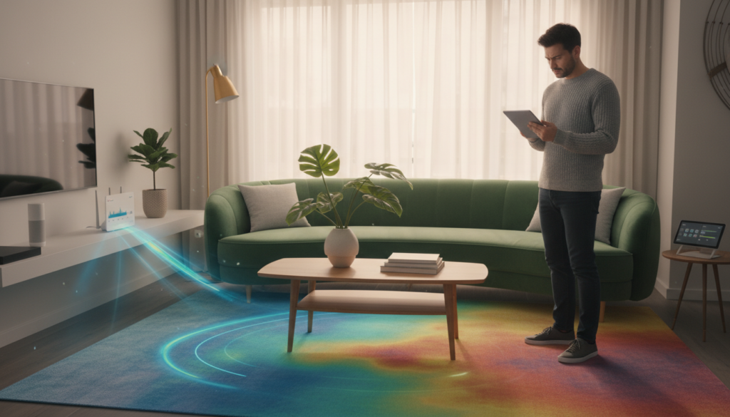 A cozy, modern living room showcasing distinct Wi-Fi dead spots. In the foreground, a tech-savvy person in smart casual clothing examines a tablet, looking puzzled. The middle ground features a colorful Wi-Fi signal map illustrating strong and weak zones across the room, highlighting areas with diminished connectivity. In the background, a stylish sofa and coffee table are visible, layered with ambient houseplants and soft natural light filtering through a window, creating a warm atmosphere. The room’s decor is contemporary, with subtle tech elements like a router and smart devices easily identifiable. The scene conveys a sense of curiosity and determination in solving the Wi-Fi issue, inviting viewers to explore ways to improve their home network.