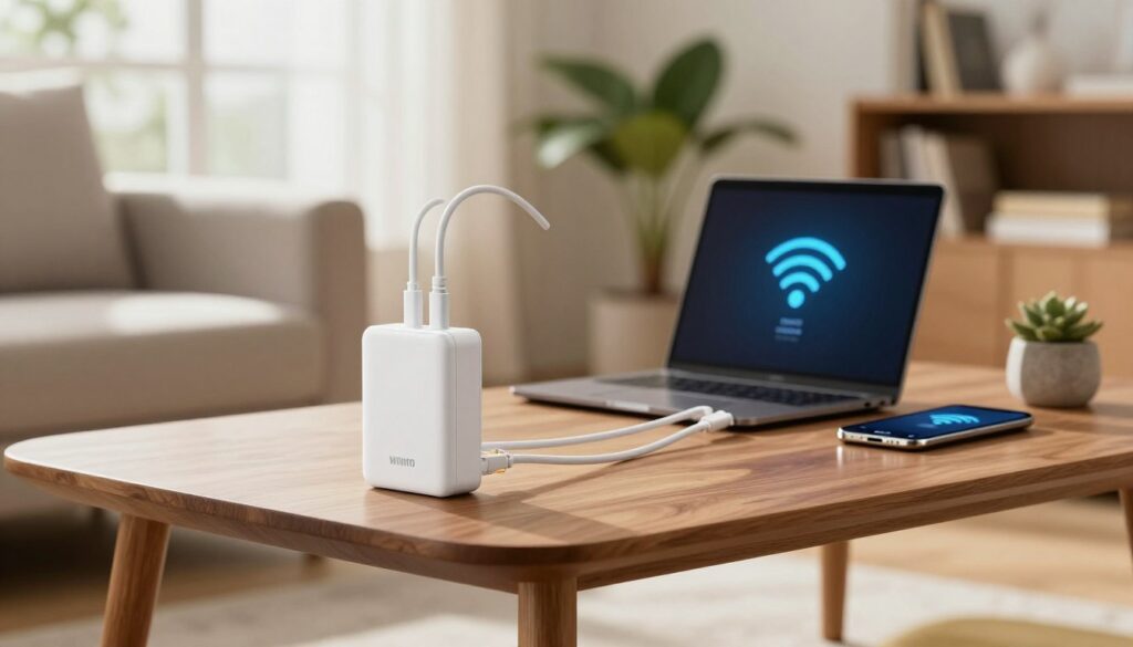 A cozy, well-lit living room setting with a modern aesthetic, featuring a sleek powerline adapter prominently displayed on a stylish wooden coffee table in the foreground. In the middle, network cables are neatly arranged, leading toward a laptop and a smartphone showing strong Wi-Fi signal indicators. The background includes a large window with soft natural light illuminating the room, enhancing a warm atmosphere. Plants and bookshelves add a homey touch, while soft shadows create depth. The composition captures a sense of connectivity and improved digital experience, with a focus on the powerline adapter as a catalyst for better Wi-Fi coverage. Use a soft-focus lens effect to evoke a calm, inviting mood.
