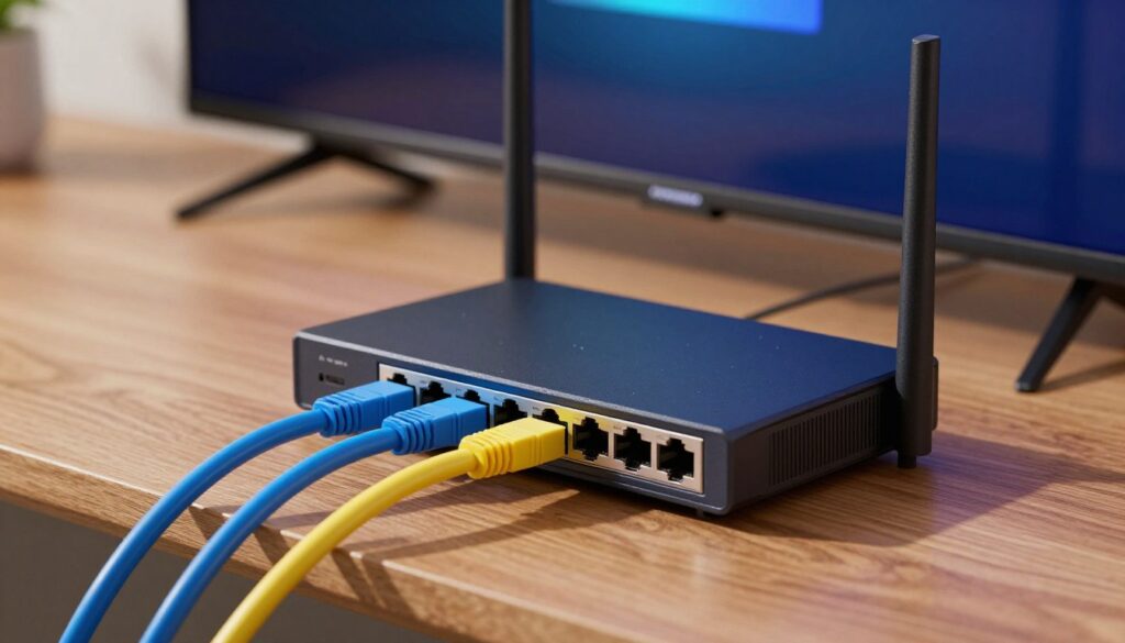 A detailed close-up of a modern router with several illuminated Ethernet ports, each cable plugged in firmly, showcasing vibrant blue and yellow cables extending towards a sleek, flat-screen Smart TV in the background. The setup is on a contemporary wooden desk, with a soft focus on the blurred display of the TV, which features a loading symbol, representing slow streaming speeds. Bright, ambient lighting enhances the sleek design of the router, while a subtle play of shadows adds depth to the scene. The overall atmosphere feels technical yet inviting, illustrating the importance of a robust home network. The camera angle is slightly above eye level, directed at the router and cables, creating an engaging perspective.