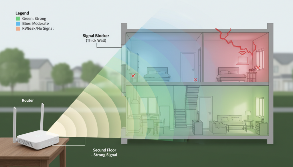 A detailed diagram illustrating router signal coverage in a typical multi-story home, with emphasis on weak Wi-Fi signals on the upper floors. In the foreground, a modern router emits visible signal waves, represented by soft, fading arcs. In the middle, a cutaway view of a two-story house showcases rooms and walls, with color-coded signal strength represented by gradients from strong green near the router to fading blue and red upstairs. The background features a subtle representation of the home’s exterior, with trees and rooftops. The lighting is bright, simulating daytime, with a focus on clarity. The atmosphere is informative and professional, designed to visually explain the concept of inadequate upstairs Wi-Fi coverage in homes.