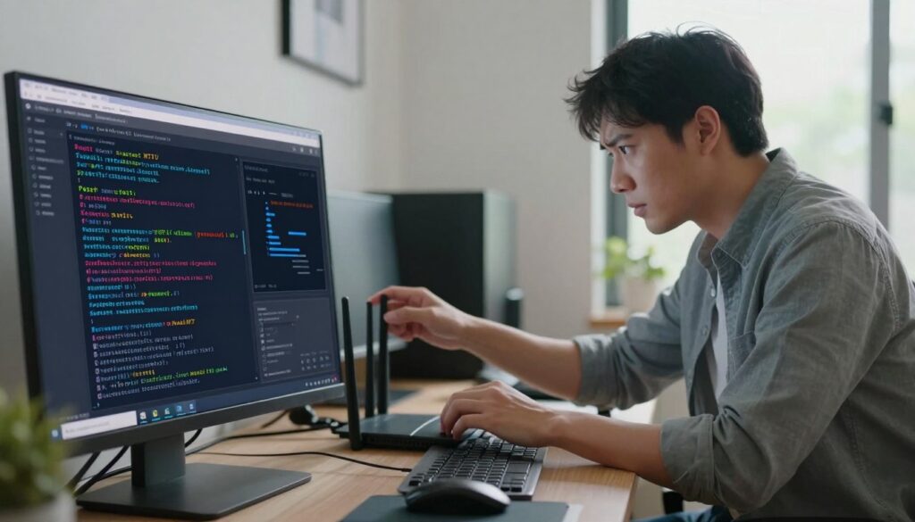 A detailed illustration depicting the symptoms of incorrect MTU size on a Wi-Fi connection. In the foreground, a close-up of a computer screen displays a network diagnostic tool with error messages and graphical representations of packet loss. In the middle ground, a professional person in business attire, focused and slightly frustrated, sits at a desk cluttered with tech gadgets, adjusting router settings. The background features a modern home setting with a Wi-Fi router and devices, highlighting the busy digital environment. Soft, natural lighting streams through a nearby window, creating a calm yet tense atmosphere. Capture the scene with a shallow depth of field to accentuate the screen and the person's expressions.