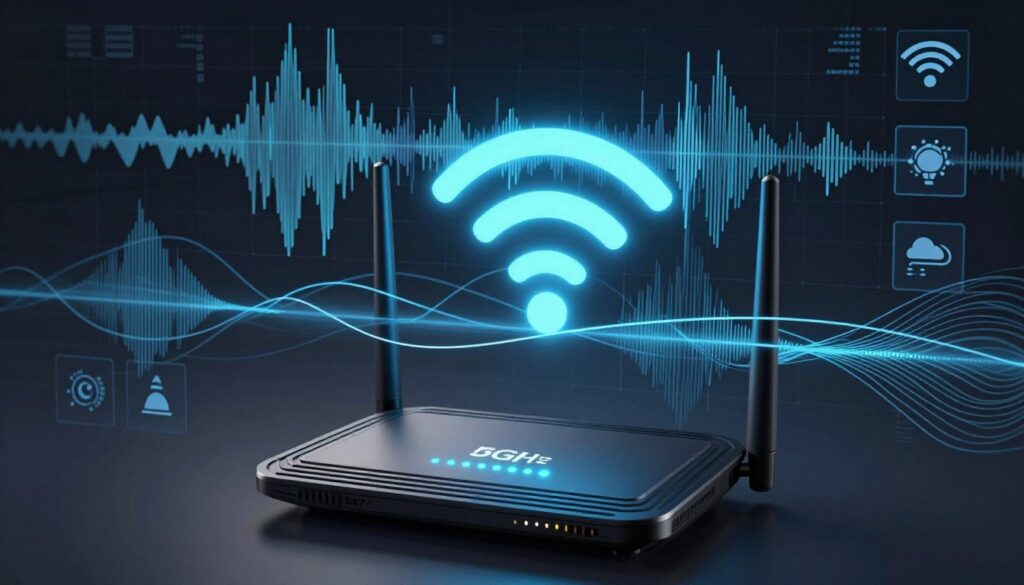 A detailed illustration of a Wi-Fi signal visualization, focusing on the concept of DFS channels. In the foreground, depict a sleek, modern Wi-Fi router with glowing indicators for multiple frequency bands, prominently showcasing the 5GHz band. In the middle layer, incorporate wavy lines and graphical representations of Wi-Fi signals illustrating interference and connectivity issues. The background should feature a digital landscape of abstract frequency waves and scatter plots that represent channel traffic and congestion, with icons symbolizing various potential interferences like weather patterns or obstacles. The overall mood should be technical and analytical, with cool-toned lighting and a futuristic perspective, captured as if from a slightly elevated angle to emphasize the complexities of Wi-Fi connectivity.