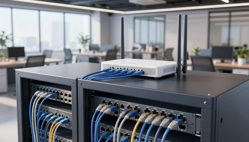 A detailed illustration of an ethernet backhaul network setup in a modern office environment. In the foreground, a sleek, organized network cabinet with blinking routers and switches, cables neatly routed. In the middle, a mesh Wi-Fi system interconnected through ethernet cables, showing multiple nodes communicating seamlessly. The background features a contemporary office space with large windows letting in natural light, highlighting a professional working atmosphere. Soft shadows cast by overhead lighting create a technical yet approachable mood. Use a wide-angle lens view to capture depth and movement, emphasizing the intricate connections of the network. The overall scene should convey efficiency and technological advancement without any text or distractions.