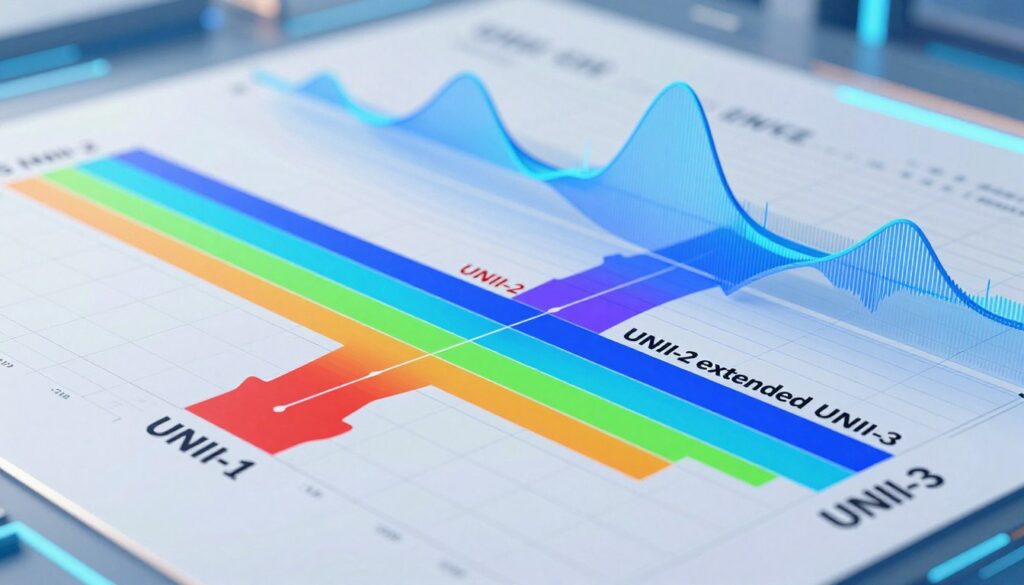 A detailed illustration of the UNII bands 5 GHz spectrum, showcasing the various channels and bandwidth allocations in the United States. In the foreground, a graphical representation of the 5 GHz frequency ranges labeled as UNII-1, UNII-2, UNII-2 extended, and UNII-3, using bright, contrasting colors to emphasize different sections. The middle ground features a wave-like diagram representing signal strength, with visual elements indicating interference and optimal usage. The background includes a subtle grid pattern, suggesting a data-driven environment. The lighting is bright and technical, with a cool blue and white color palette to enhance the futuristic, professional mood. The perspective is slightly angled to create depth, making the spectrum appear dynamic and engaging.