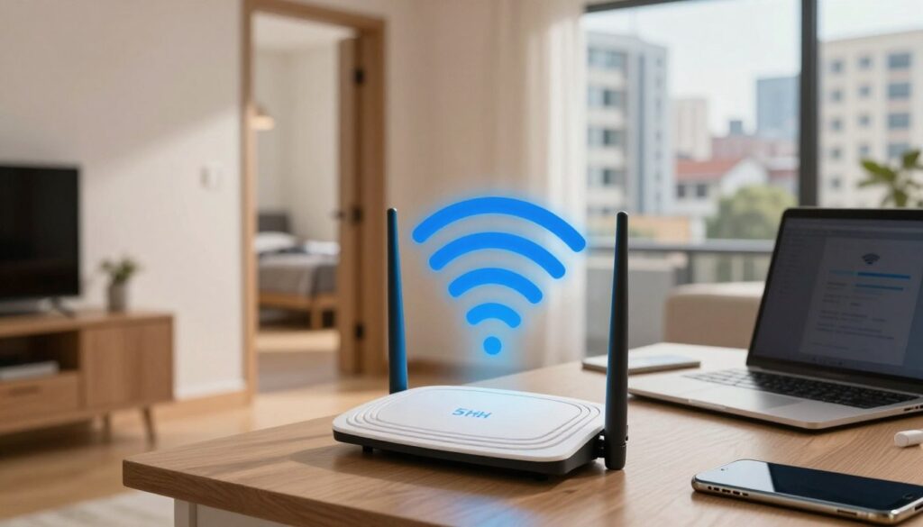 A detailed visual representation of a 5GHz Wi-Fi signal in an urban home setting, illustrating common reasons for slow connections. In the foreground, show a sleek router emitting blue waves representing the 5GHz signal, surrounded by a distorted image of various devices like laptops and smartphones struggling with connectivity. In the middle ground, include a partially open door to an adjacent room with thick walls that could block the signal, along with furniture placement that complicates Wi-Fi accessibility. The background features an urban landscape with tall buildings, creating a feeling of interference and congestion. Use soft, natural lighting with a warm hue to evoke a cozy but frustrating home atmosphere, shot from a slightly elevated angle to capture all elements in a cohesive view.