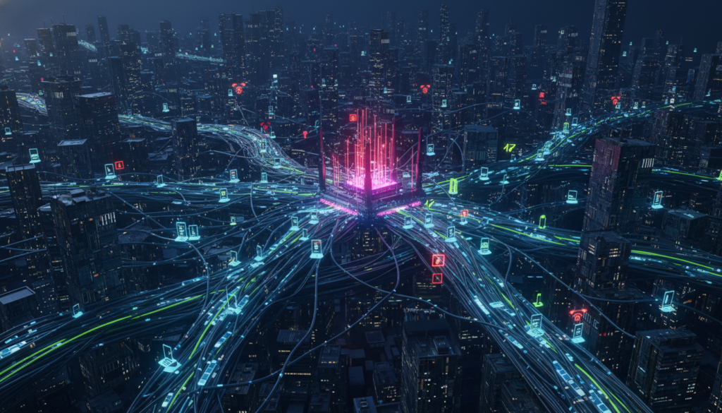 A digital illustration of network congestion depicted as a bustling city at night. In the foreground, wires and cables intertwine like busy traffic, glowing softly with neon blue and green lights, symbolizing data flow. The middle ground features a large, stylized router surrounded by a network of glowing lines that represent interconnected devices—phones, laptops, and smart appliances—active and overloaded with data. In the background, a city skyline with dimly lit windows signifies homes where users are online, adding to the congestion. The mood is tense yet vibrant, showcasing the imbalance of demand versus bandwidth. The lighting is moody with a combination of dark blues and bright tech-inspired accents, shot from a slightly elevated angle to give a comprehensive view of this digital network chaos.