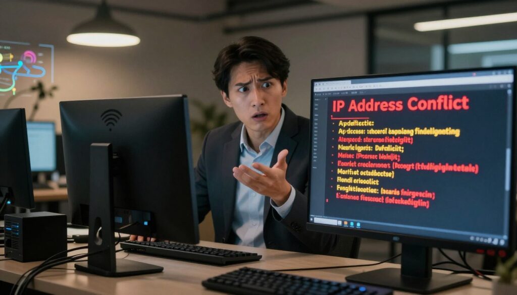 A dynamic office environment depicting a digital concept of an "IP Address Conflict" related to Wi-Fi. In the foreground, a close-up computer screen shows an error message about IP conflicts, with vivid red and yellow colors highlighting the issue. In the middle, a confused professional in business attire gestures towards the screen, appearing concerned yet focused. Surrounding them are blurred details of modern office equipment like routers, cables, and network diagrams, emphasizing the technical nature of the scene. The background features a softly lit office space, with warm but dim lighting to create a serious, contemplative atmosphere. The image should convey a sense of urgency and challenge associated with network issues while remaining professional.
