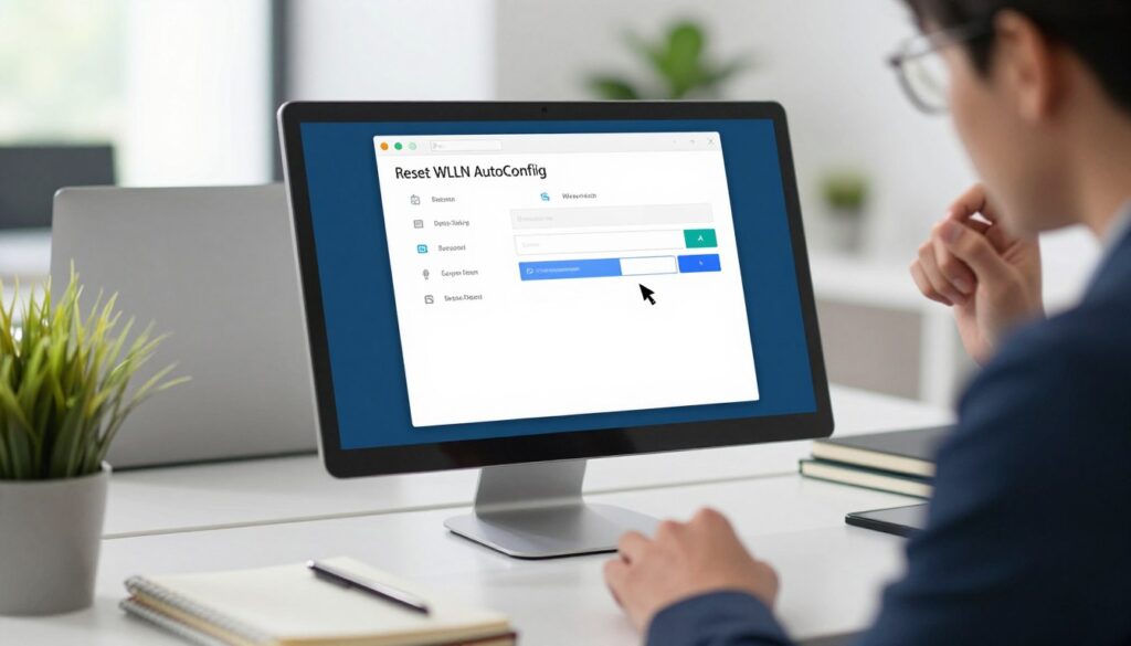 A focused, close-up view of a computer screen displaying the "Reset WLAN AutoConfig" settings on a Windows operating system. The screen should showcase a detailed interface, highlighting various options related to network settings, with a cursor hovering over the reset button. In the foreground, a professional-looking individual in business attire is seated at a sleek desk, inspecting the screen with a thoughtful expression. The middle layer should include a modern workspace environment, featuring a laptop, notebooks, and a potted plant, conveying an atmosphere of concentration and professionalism. The background should be softly blurred to emphasize the action on the screen while maintaining a bright, well-lit atmosphere that suggests productivity and technical engagement.