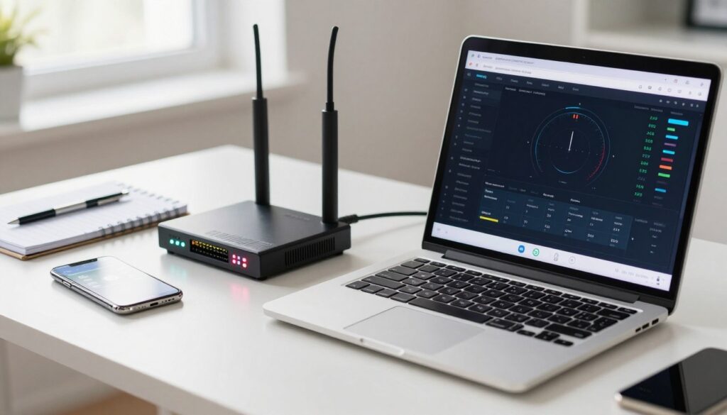 A focused workspace featuring a detailed modem test setup on a clean, modern desk. In the foreground, a sleek laptop displays a network speed test webpage showing graphical data and metrics clearly indicating slow connectivity. Beside it, a high-tech modem with blinking lights symbolizes active troubleshooting. The middle ground includes a smartphone running a diagnostic app, with a notepad and pen for notes. In the background, soft natural light filters in through a window, giving a bright and inviting atmosphere. The overall mood is one of professional urgency, emphasizing the need for efficient problem-solving in a tech-savvy environment. The image should convey clarity and focus, with a shallow depth of field to keep attention on the modem test elements.