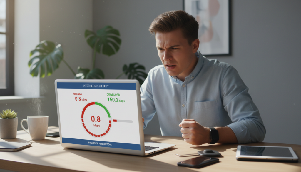 A frustrated young professional sitting at a modern desk, surrounded by tech gadgets, staring at a laptop screen showing a speed test with an unflattering upload speed, represented by a sluggish loading circle. In the foreground, a close-up of the laptop screen displays the test results, while the middle layer features the individual with a furrowed brow, dressed in smart casual attire. The background includes a sleek, minimalist office with a plant and a coffee mug. Soft, natural light streams in through a window, creating an ambiance that highlights the frustration of slow Wi-Fi. The overall mood conveys a sense of urgency and the need for troubleshooting.
