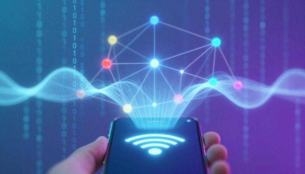 A futuristic visualization of an internet connection network, showcasing interconnected nodes represented as glowing, multi-colored spheres linked by intricate lines. In the foreground, a close-up view of a smartphone displaying a Wi-Fi signal icon that is highlighted but appears to have a disconnect indicator. The middle layer features digital waves or signals radiating outward from the device, illustrating the concept of connectivity. The background is a soft-focus of binary code flowing down, representing data transfer, with a gradient of blue and purple tones to convey a high-tech atmosphere. Soft white lighting highlights the features, and the overall mood is a blend of frustration and curiosity, reflecting common issues with mobile connectivity.