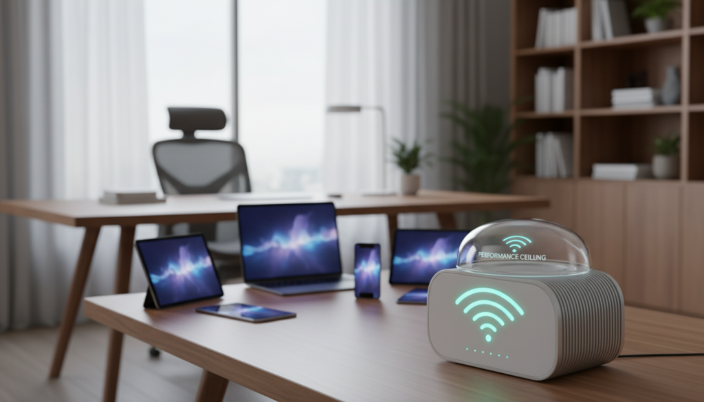 A high-resolution image showcasing a single Wi-Fi device, prominently featured in the foreground, with a sleek and modern design. The device is illuminated by soft, focused lighting, highlighting its LED indicators that display internet activity. In the middle ground, a blurred array of various connected devices, like smartphones and laptops, symbolize multiple users connected to the same network, with their screens dimmed. In the background, a home office setting conveys a sense of productivity, with a subtle hint of a window allowing soft natural light to flood the space. The mood is one of curiosity and contemplation, emphasizing the contrast between the single capped device and the surrounding connectivity, inviting viewers to explore the underlying reasons for the performance ceiling.