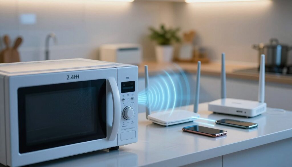 A high-tech scene illustrating 2.4 GHz band interference caused by microwaves. In the foreground, a detailed microwave oven, emitting subtle waves symbolizing interference, with visual distortions in the air. The middle ground features various Wi-Fi devices like routers and smartphones, connected with glowing lines to depict signal flow. In the background, a soft-focus kitchen setting with warm lighting emphadata-sizes a modern atmosphere, showcasing household elements. The image captures a mood of curiosity and slight frustration, as if showcasing the unseen struggle of connectivity. Use a slightly tilted angle to create a dynamic perspective, enhancing the technical feel of the scene. The overall color palette should be cool blues and warm yellows, emphasizing the clash of signals.