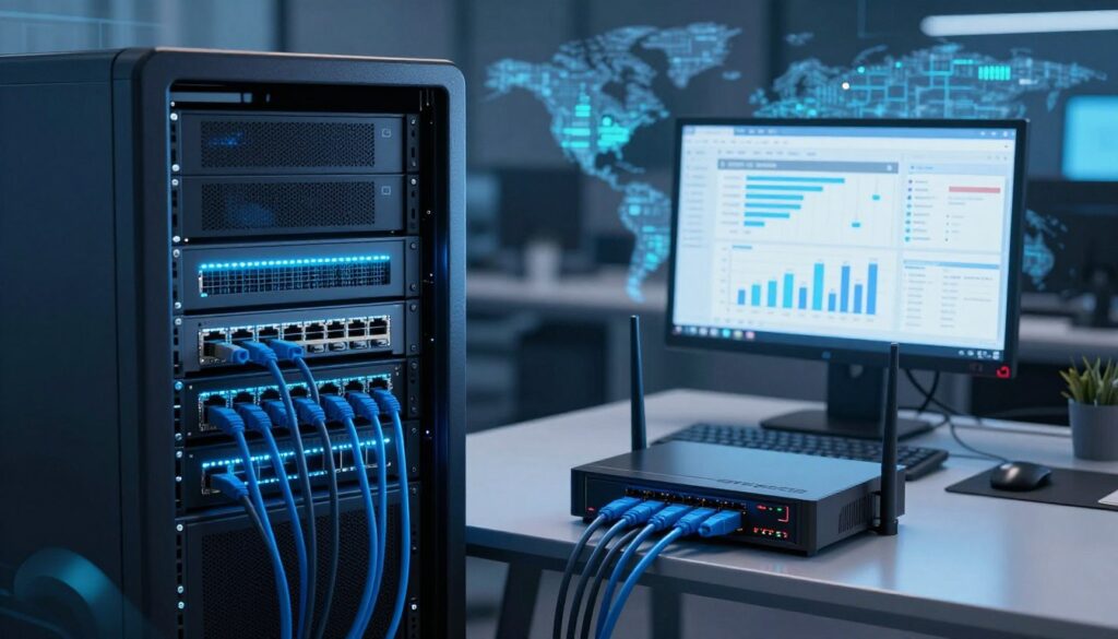 A highly detailed illustration of a DHCP server setup in a modern office environment. In the foreground, a sleek server rack with glowing LED lights and network cables plugged into a sophisticated router, creating a sense of technical sophistication. The middle ground features a computer workstation displaying a network monitoring application with graphs and data, indicating DHCP lease times. The background includes abstract technology patterns and a digital world map subtly, emitting a sense of connectivity and global communication. The lighting is cool and futuristic with a bluish hue, emphasizing a high-tech atmosphere. The image captures the complexity and functionality of how DHCP lease time operates behind the scenes, evoking curiosity and professionalism.
