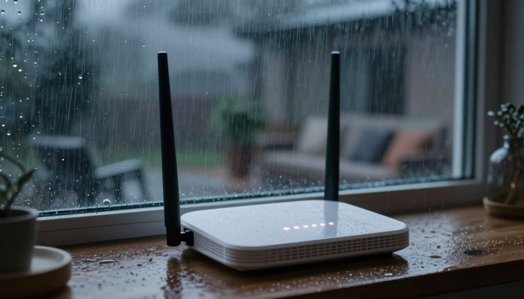 A modern Wi-Fi router is prominently featured in the foreground, its LED lights dim and flickering amidst a backdrop of dark, stormy skies and heavy rain. The scene captures the tension of inclement weather, with raindrops visible on a nearby window, distorting the view. In the middle ground, a faint, blurred silhouette of a cozy living room can be seen, hinting at the home environment where the Wi-Fi signal is desperately needed. Soft, diffused light reflects off the wet surfaces, creating a moody atmosphere that emphadata-sizes the struggle of maintaining connectivity. The angle is slightly low, focusing on the router, which seems to symbolize resilience amidst the turbulent weather, encouraging viewers to think about how to improve their Wi-Fi experience during rain.
