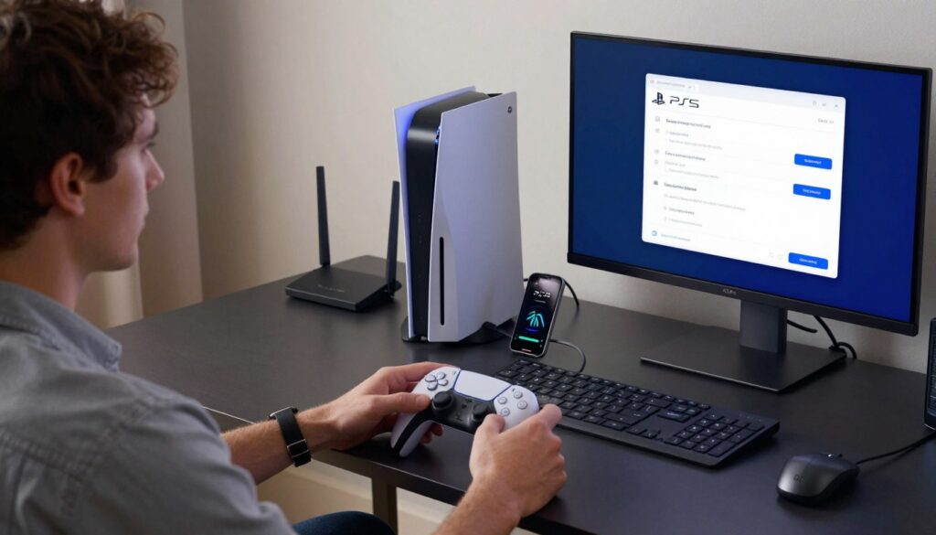 A modern gaming setup featuring a PlayStation 5 console prominently positioned on a sleek, dark-finish desk. In the foreground, a person in a casual, professional attire examines the PS5's connectivity settings on the screen of a computer. The middle layer showcases the PS5 with its signature design, surrounded by cables, a router, and a smartphone displaying signal strength. In the background, a well-lit room with minimalistic decor emphadata-sizes a cozy gaming environment. Soft, diffused lighting enhances the atmosphere, evoking a sense of focus and determination. The overall mood is analytical and problem-solving, capturing the essence of diagnosing connectivity issues for improved performance. The perspective is slightly elevated, providing a comprehensive view of the setup without distractions.