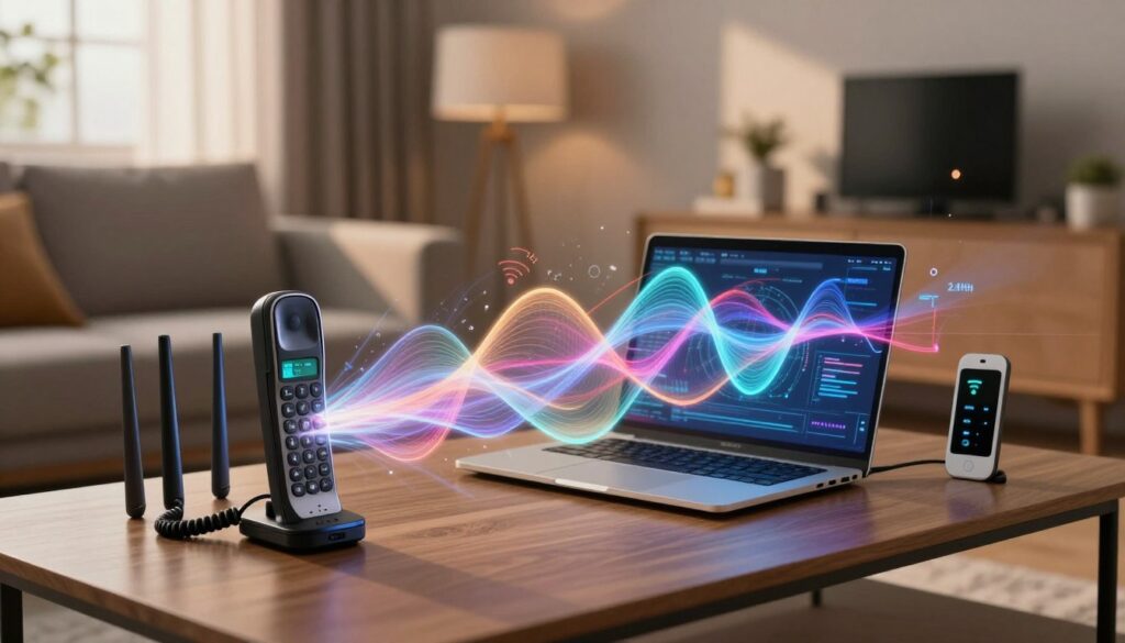 A modern home interior depicting a chaotic scene of 2.4 GHz band interference, with a sleek, contemporary living room in the foreground. A cordless phone and a Wi-Fi router are visibly disrupted by colorful waves of interference illustrated as wavy, translucent patterns emanating from both devices, blending together in the air. In the middle ground, an opened laptop and various smart devices illustrate connectivity issues, with faint glitch effects appearing on their screens. The background features a cozy environment with warm lighting from a window casting soft shadows, enhancing the sense of a bustling home network. The atmosphere is dynamic yet slightly tense, emphasizing the collision of phone and Wi-Fi signals.