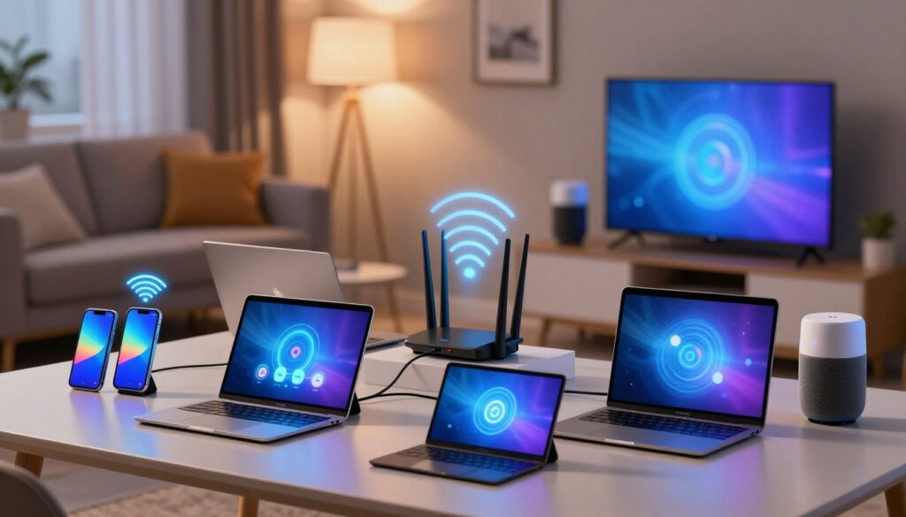 A modern home interior featuring a variety of devices connected to a Wi-Fi network, including smartphones, tablets, laptops, smart speakers, and smart TVs. In the foreground, a stylish tabletop filled with these devices, showing their screens illuminating with vibrant colors and connectivity symbols. In the middle ground, a sleek router emits glowing signals, visually representing network activity. In the background, a cozy living room with soft ambient lighting, emphasizing the casual and technology-driven atmosphere. The composition is well-lit to highlight the devices, creating a sense of network congestion. The mood is informative yet engaging, illustrating the potential for slow connectivity amidst a myriad of devices.