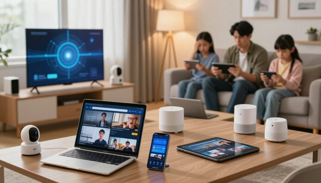 A modern home interior showcasing multiple connected devices contributing to network congestion. In the foreground, a sleek living room with a laptop, tablet, and smartphone, all displaying streaming content. The middle ground features a smart TV exhibiting a network connection interface, while various smart home devices like a security camera and home assistant device are visible. In the background, a family of four, dressed in casual attire, are using their devices simultaneously, showing animated expressions of frustration. Soft, warm lighting cascades through a nearby window, creating a cozy but tense atmosphere. The angle is slightly from above, giving a comprehensive view of the bustling home environment.