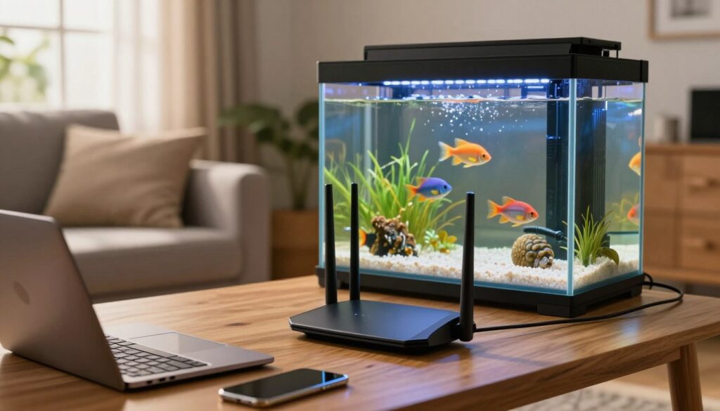 A modern home network setup in a cozy living room, featuring a sleek router prominently displayed on a wooden table, with a variety of connected devices like a laptop and a smartphone nearby. In the middle ground, there is a large aquarium filled with vibrant tropical fish, its water shimmering under soft, warm lighting, creating a tranquil ambiance. The background showcases a comfortable sofa with cushions, and a window with curtains allowing soft natural light to filter in, enhancing the relaxed atmosphere. Captured from a slightly elevated angle to emphasize the contrast between the tech devices and the aquarium, the mood is informative yet inviting, highlighting the potential interference of the aquarium on the Wi-Fi signal in a lived-in space.