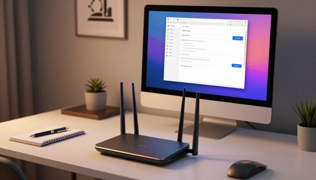 A modern home office featuring a desktop computer displaying a detailed router settings interface on its screen, showcasing the separation of 2.4GHz and 5GHz SSIDs. In the foreground, a sleek router with multiple antennas sits prominently, lit with soft, warm lighting. The middle section includes a clean, organized workspace with a notepad and a stylish pen, hinting at a tech-savvy environment. The background features a softly blurred wall with subtle tech-themed art, creating a calm and focused atmosphere. The angle is slightly elevated, capturing the full range of the desk and the vibrant colors of the screen, evoking a sense of efficiency and modernity in technology.
