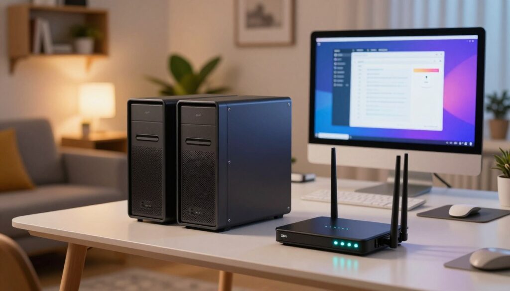 A modern home office interior with an emphasis on DNS servers, showcasing sleek, high-tech hardware centrally placed on a stylish desk. In the foreground, a close-up of a compact router with glowing status indicators, symbolizing strong internet connectivity. The middle section displays a desktop computer screen showing DNS settings in a user-friendly interface, with vibrant colors illuminating the workspace. In the background, a cozy living area with soft lighting, featuring bookshelves and plants, to enhance the homey atmosphere. The scene is shot with a wide-angle lens, capturing depth and clarity, and creating a warm, inviting mood that suggests comfort and technological efficiency.