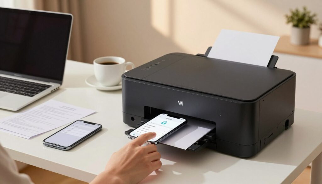 A modern home office scene featuring a sleek Wi-Fi printer on a stylish desk, with a visible smartphone displaying connection settings. In the foreground, a hand is reaching out towards the printer, demonstrating a troubleshooting action. The middle ground should capture an organized workspace with a laptop, scattered documents, and a coffee cup, suggesting a productive atmosphere. The background should show a lightly lit room with warm colors, enhancing a cozy yet professional vibe. Use soft, natural lighting to create a relaxed mood, simulating late afternoon sun streaming through a window. The camera angle should be slightly elevated, giving a clear view of the printer and connection setup, emphasizing accessibility and the concept of reconnecting devices.