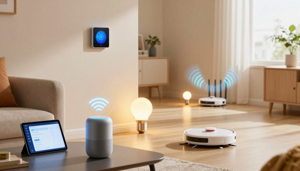 A modern living room filled with various smart home devices connected to a 2.4 GHz network. In the foreground, a sleek smart speaker sits on a coffee table next to a tablet displaying network settings. The middle ground features a smart thermostat on the wall, a robotic vacuum cleaner on the floor, and smart light bulbs illuminating the room with a warm glow. In the background, a Wi-Fi router emits signals depicted as vibrant waves, emphasizing connectivity. The room is well-lit with soft, natural light coming through large windows, creating a cozy yet tech-savvy atmosphere. The perspective captures the arrangement from a slight angle, showcasing the bustle of connected devices, illustrating the crowding effect in a typical 2026 home.