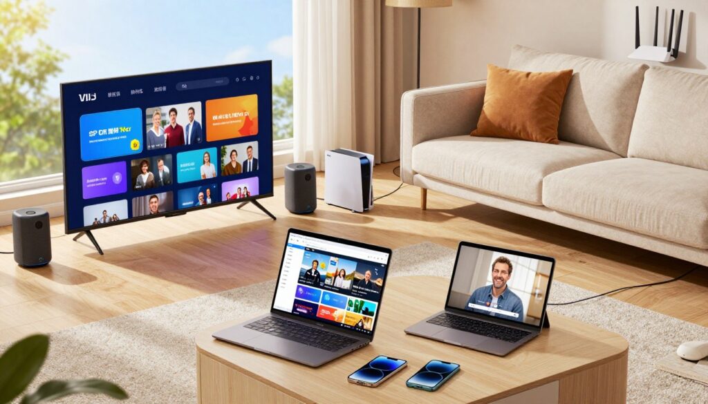 A modern living room scene filled with a variety of devices connected to a Wi-Fi network. In the foreground, a sleek smart TV with streaming content, a laptop open with multiple tabs visible, and a tablet displaying a video call. In the middle, a cozy sofa with smart speakers on either side, a gaming console, and several smartphones charging on a coffee table. In the background, a bright window showing a sunny day outside, with a glimpse of a router mounted on the wall. The lighting is soft and warm, illuminating the vibrant colors of the devices, creating a tech-savvy yet inviting atmosphere. The angle is slightly from above, capturing all devices in an organized yet cluttered manner, illustrating the concept of network congestion.
