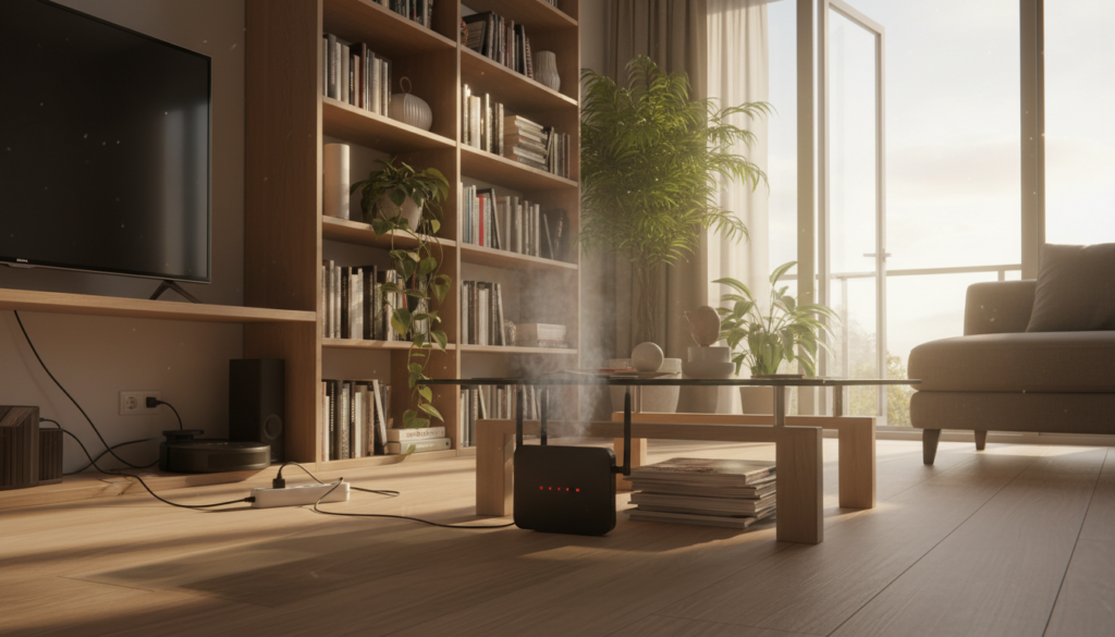A modern living room scene where a Wi-Fi router is incorrectly placed in a corner, surrounded by clutter such as tall bookshelves, plants, and appliances. The router, visibly overheating with red warning lights, is placed under a coffee table where it is obstructed by magazines and decorative items. In the background, an open window lets in warm sunlight, casting soft shadows and adding a cozy atmosphere. The furniture is contemporary, and a subtle steam effect rises in the air, suggesting heat buildup. The image is captured from a low angle, emphasizing the router's poor placement while lending a sense of depth to the scene. The mood conveys frustration with technical issues, yet remains light-hearted and relatable.