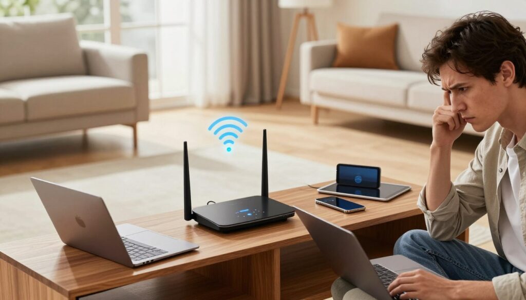 A modern living room setting featuring a wireless router placed on a stylish wooden shelf. In the foreground, a concerned individual, dressed in casual business attire, examines a laptop with a frustrated expression, highlighting the issue of slow Wi-Fi. In the middle ground, the router is clearly visible with glowing signal indicators, surrounded by various smart devices like a smartphone and a tablet, showcasing their connection. The background displays a spacious room with well-placed furniture, large windows allowing natural light to illuminate the scene, creating a warm, inviting atmosphere. The scene captures the challenge of Wi-Fi connectivity issues as well as the potential solution of relocating the router for better coverage. The image should be bright and clear, using a slightly elevated angle to emphasize the distance the signal must travel.