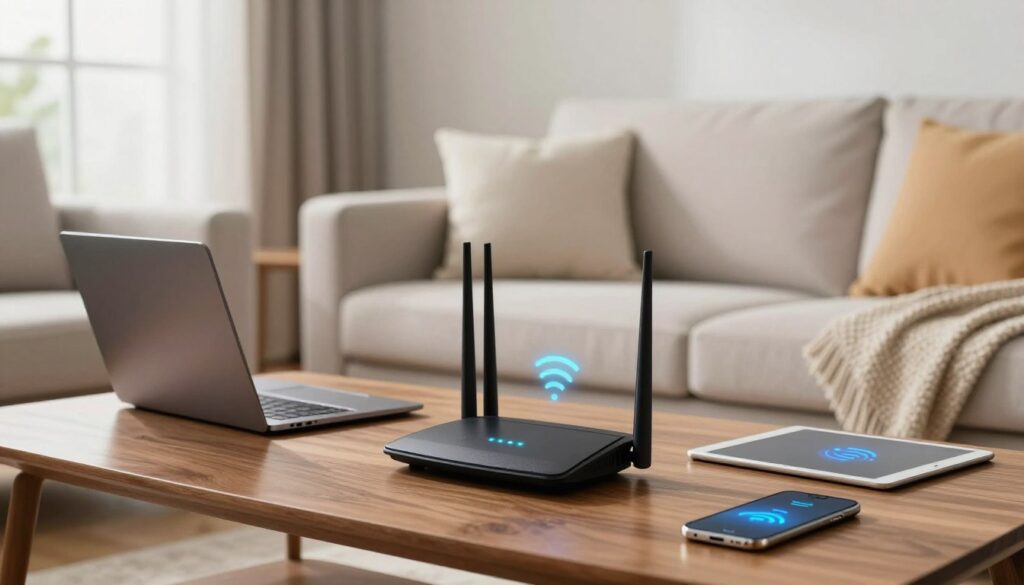 A modern living room showcasing a home Wi-Fi router on a sleek wooden coffee table, surrounded by a laptop, tablet, and smartphone, all indicating a strong signal. In the foreground, the router displays glowing signal lights, symbolizing connectivity. The mid-ground features a cozy couch with a plush throw and decorative cushions, adding warmth to the scene. In the background, a large window allows natural light to flood the room, creating a bright and inviting atmosphere. The overall mood is serene and focused, with soft, diffused lighting enhancing the clarity of details. A wide-angle view captures the essence of a bustling home life, illustrating how devices spread around the router boost connectivity.