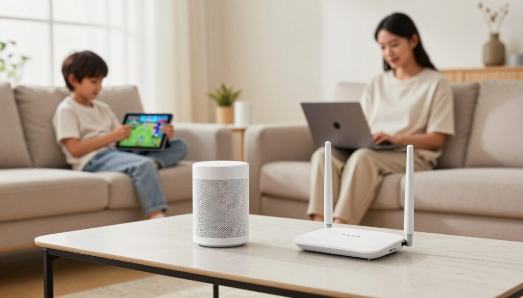A modern living room showcasing a mesh Wi-Fi system versus a traditional single router. In the foreground, on a stylish coffee table, two devices are prominently displayed: a sleek, compact mesh router and a conventional router with antennas. In the middle ground, a family is engaged in their daily activities: a child playing a video game on a tablet and an adult working on a laptop, both connected to the Wi-Fi network. The background features a clean, bright space with warm, inviting lighting created by large windows. The atmosphere conveys comfort and connectivity, illustrating the advantages of having a mesh Wi-Fi setup. The image is captured with a wide-angle lens to emphasize the room's spaciousness and the devices' features, adding depth and clarity.