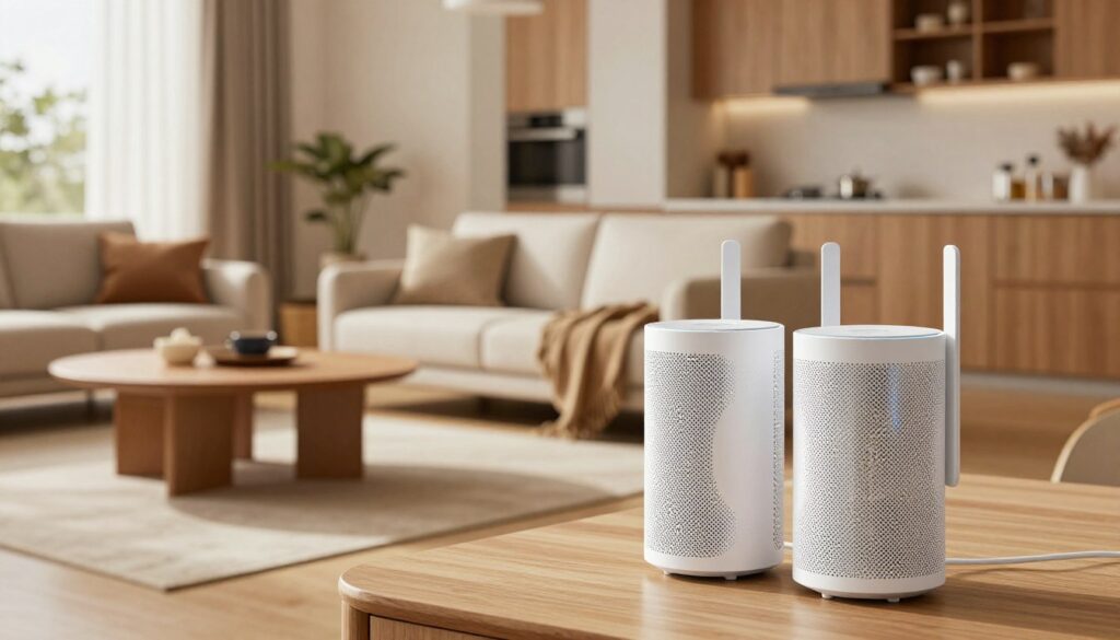 A modern mesh Wi-Fi system displayed prominently in the foreground, showcasing sleek, cylindrical devices with soft LED indicators. In the middle, a cozy living room setting with a large, comfortable sofa, coffee table, and stylish decor, subtly indicating the importance of reliable Wi-Fi in a home environment. In the background, a wide-angle view of an open-plan kitchen that blends seamlessly, demonstrating connectivity throughout a large space. Soft, natural lighting filters through a window, creating a warm and inviting atmosphere. The angle captures the mesh system and living space harmoniously, reflecting a professional yet homely vibe, emphasizing the effectiveness of mesh systems for reliable internet coverage.