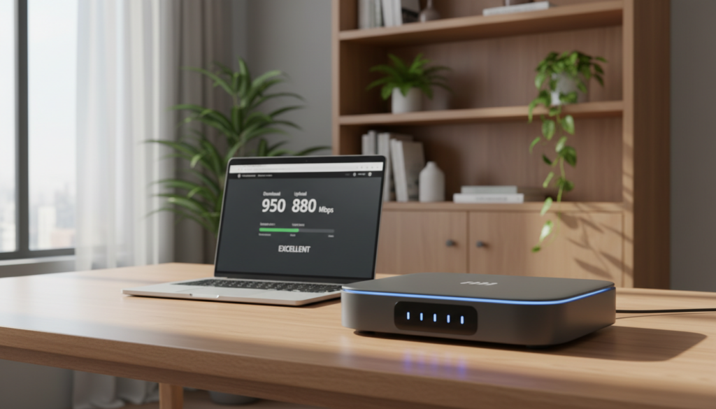 A modern modem router, sleek and compact, positioned prominently in the foreground on a wooden desk. The device shows multiple LED indicators blinking softly, showcasing its operational status. In the middle ground, a laptop is open, displaying a speed test result on the screen, highlighting internet performance. The background features a well-lit room with a bookshelf and potted plants, creating a cozy yet tech-savvy atmosphere. Soft, diffuse lighting enhances the scene, suggesting a friendly home or office environment. The angle is slightly from above to capture both the modem router and the laptop effectively, invoking a sense of connectivity and efficiency. The overall mood is informative and inviting, reflecting the importance of maintaining technology for optimal performance.
