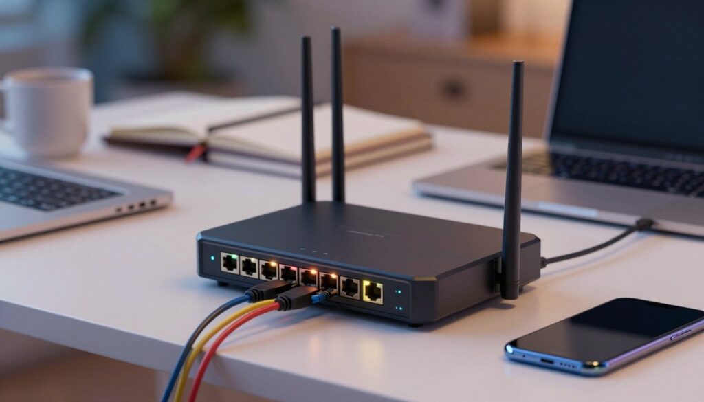 A modern router perched on a sleek desk, showcasing its various ports and LED lights glowing softly in warm hues. The foreground features the router with a slight angle to emphasize its streamlined design, surrounded by a tangle of colorful cables leading to different connected devices like a laptop and a smartphone. In the middle ground, a blurred but organized workspace with notebooks and a coffee cup suggests a productive environment. The background offers a hint of a cozy room with soft lighting, enhancing the mood of connectivity and innovation. The scene captures a dynamic atmosphere of technology at work, emphasizing the router’s role in controlling devices seamlessly. Use a shallow depth of field to keep the focus on the router while creating some softness around the surrounding elements.