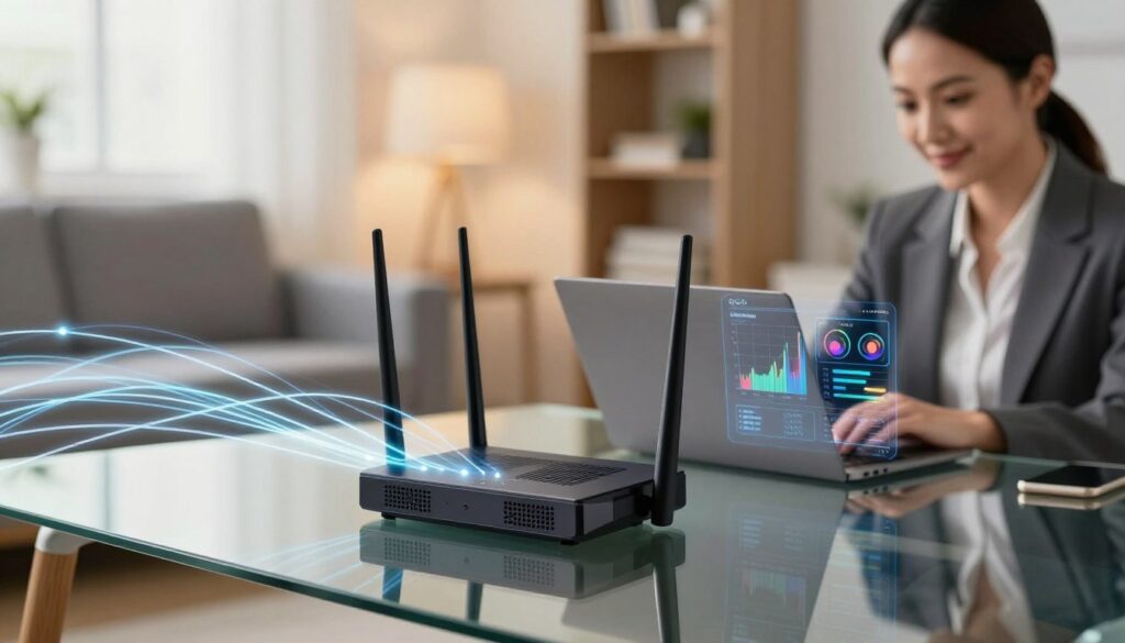 A modern router placed on a sleek, glass table, surrounded by an abstract network of light streams representing data flow and QoS prioritization. In the foreground, a professional woman in business attire is focused on a laptop, with a look of satisfaction as she monitors performance metrics. The background features a softly blurred home office setting with warm lighting to convey a sense of efficiency and productivity. A digital display next to the router highlights graphs showcasing bandwidth allocation and latency improvements due to QoS. The image should evoke a feeling of technological advancement and clarity of communication. Aim for a high-contrast, tech-inspired aesthetic, with a subtle depth of field to draw attention to both the router and the user.